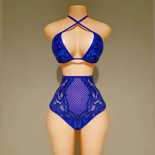 Bleu sequin two piece swimsuit