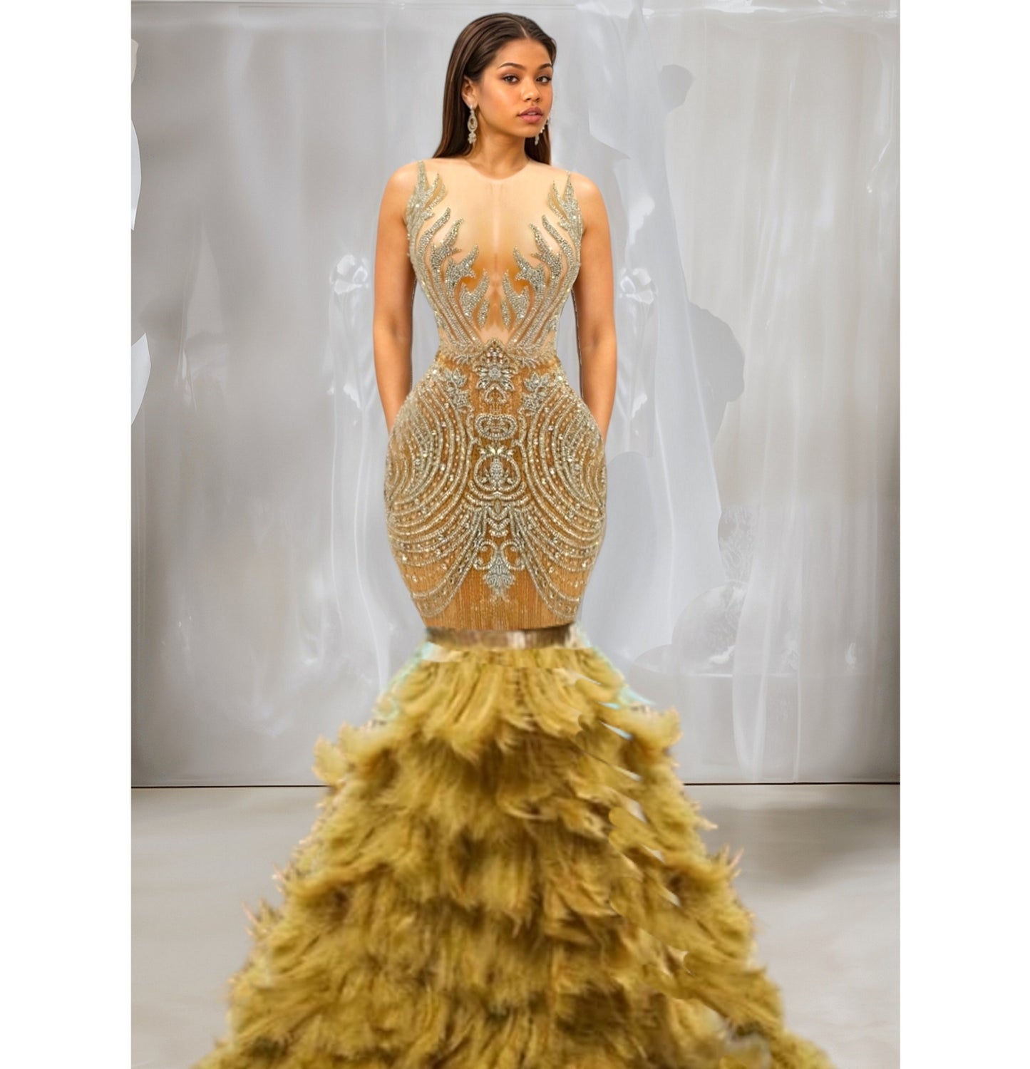 Fuego Rhinestone Feather Mermaid Gown