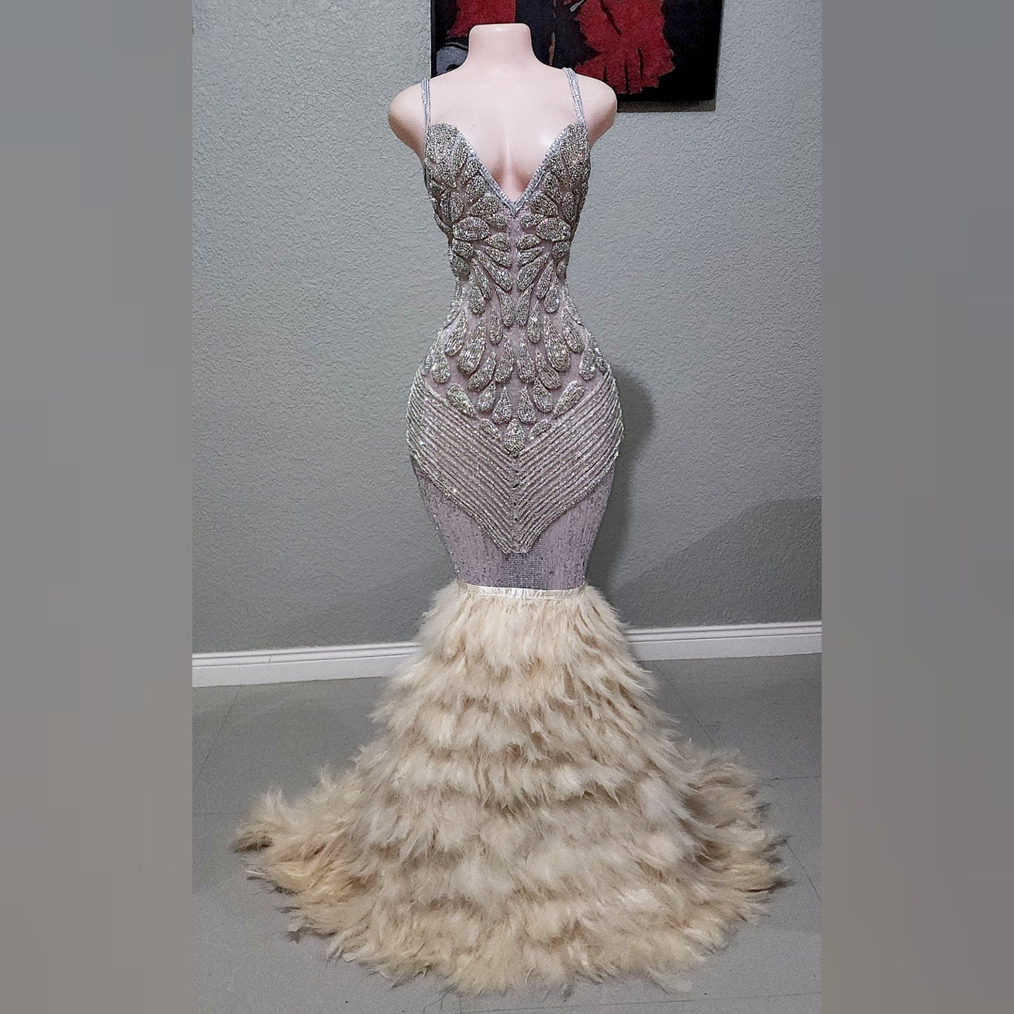 Amani Mecca Sequin Spaghetti Feather Gown