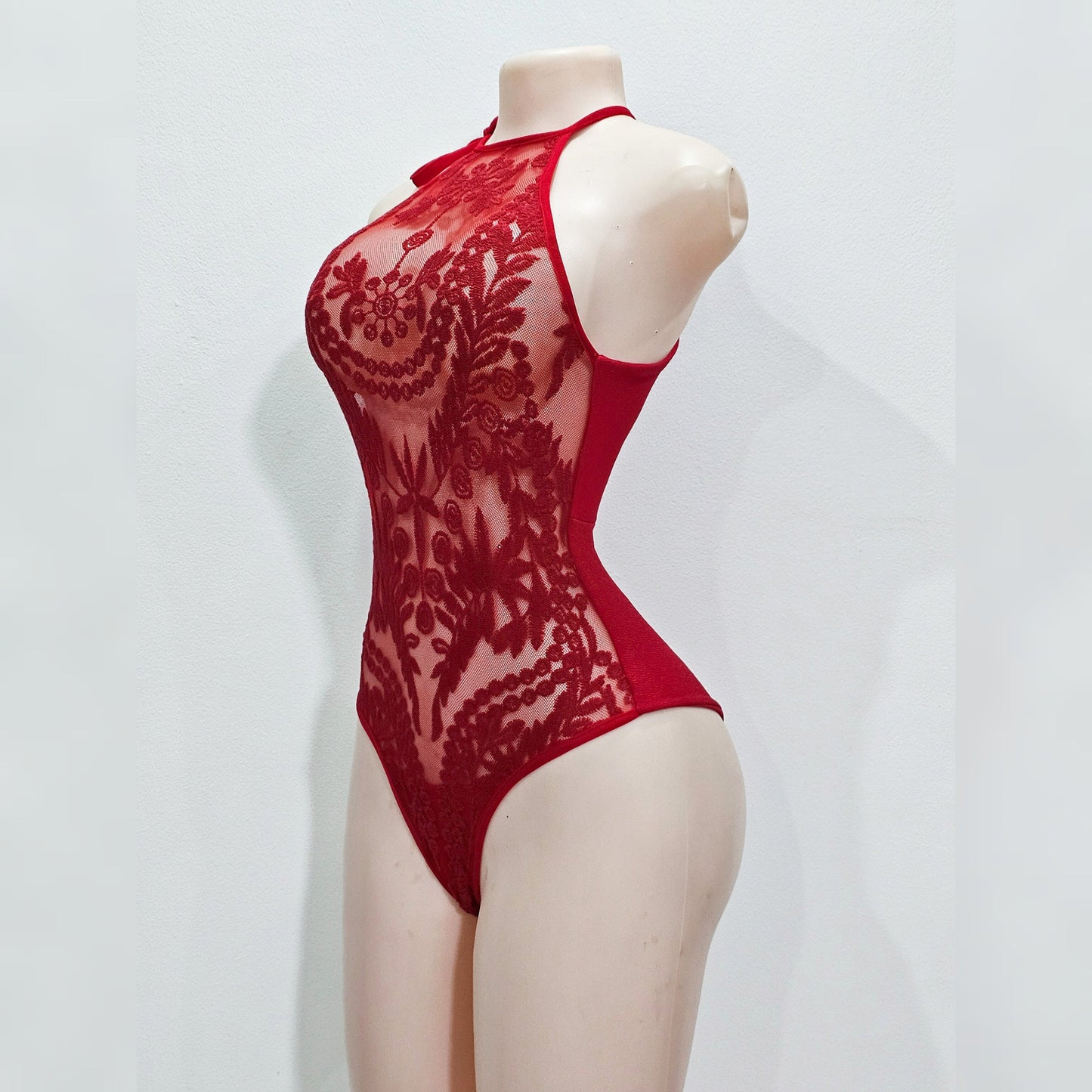 Aska Red Embroidery Sheer Lace One Piece Swimsuit