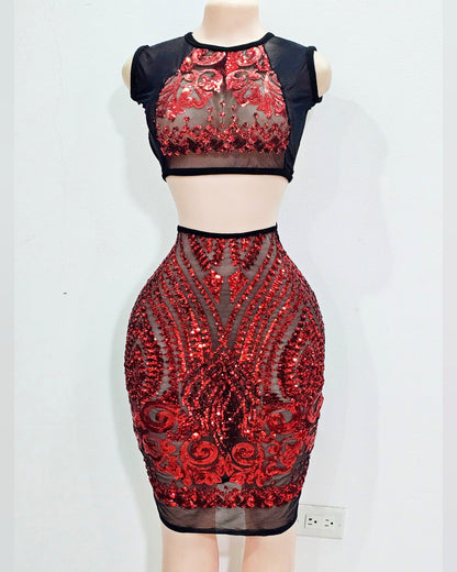 Allele black and red sequin two piece skirt high waisted outfit