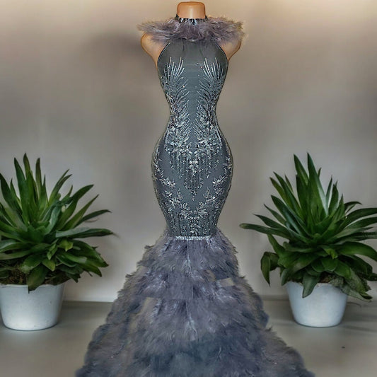 Silver Ohara Asimi feather mermaid dress