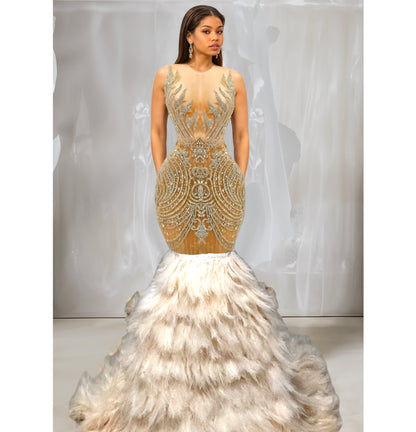 Fuego Rhinestone Feather Mermaid Gown