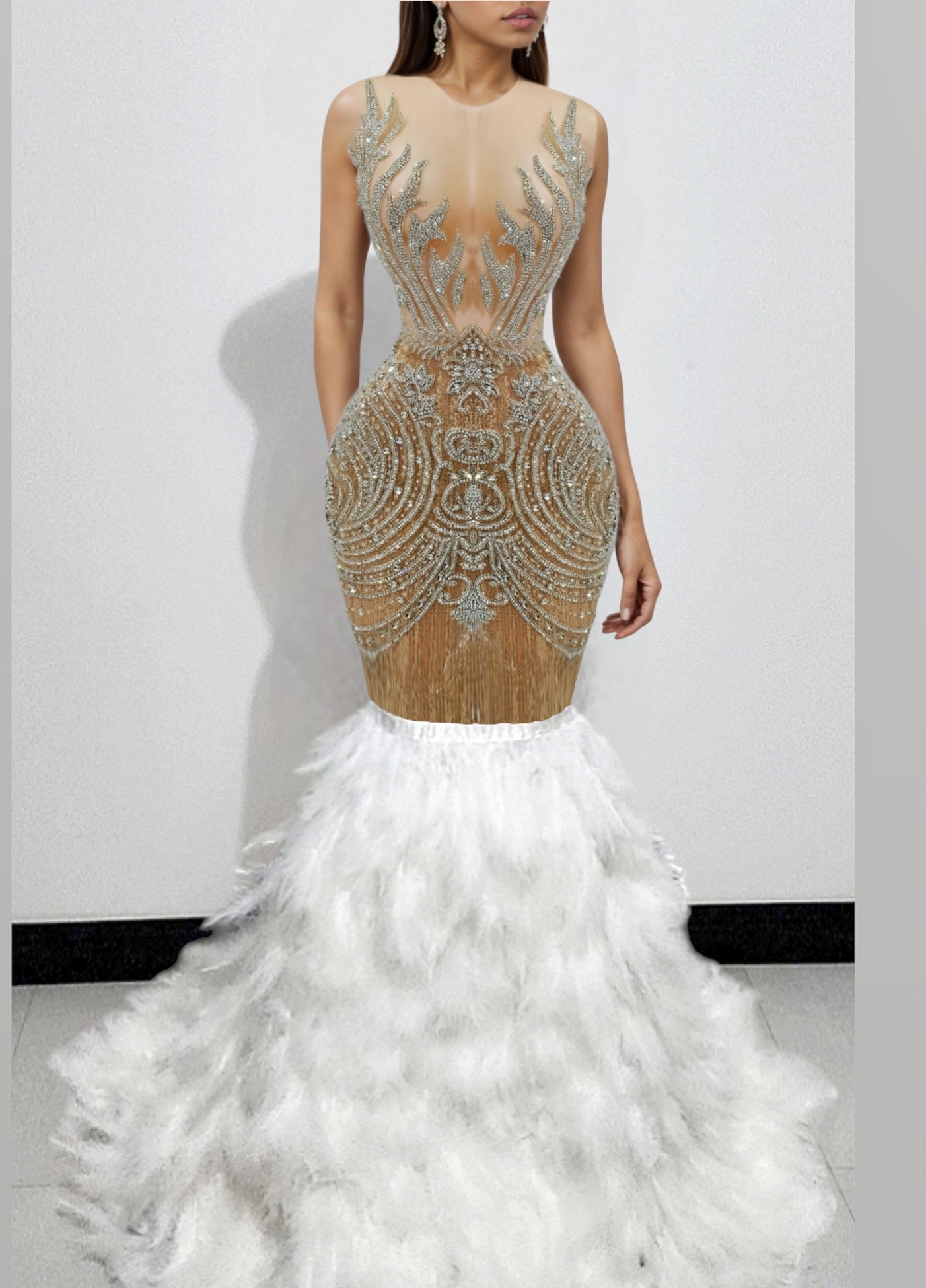 Fuego Rhinestone Feather Mermaid Gown