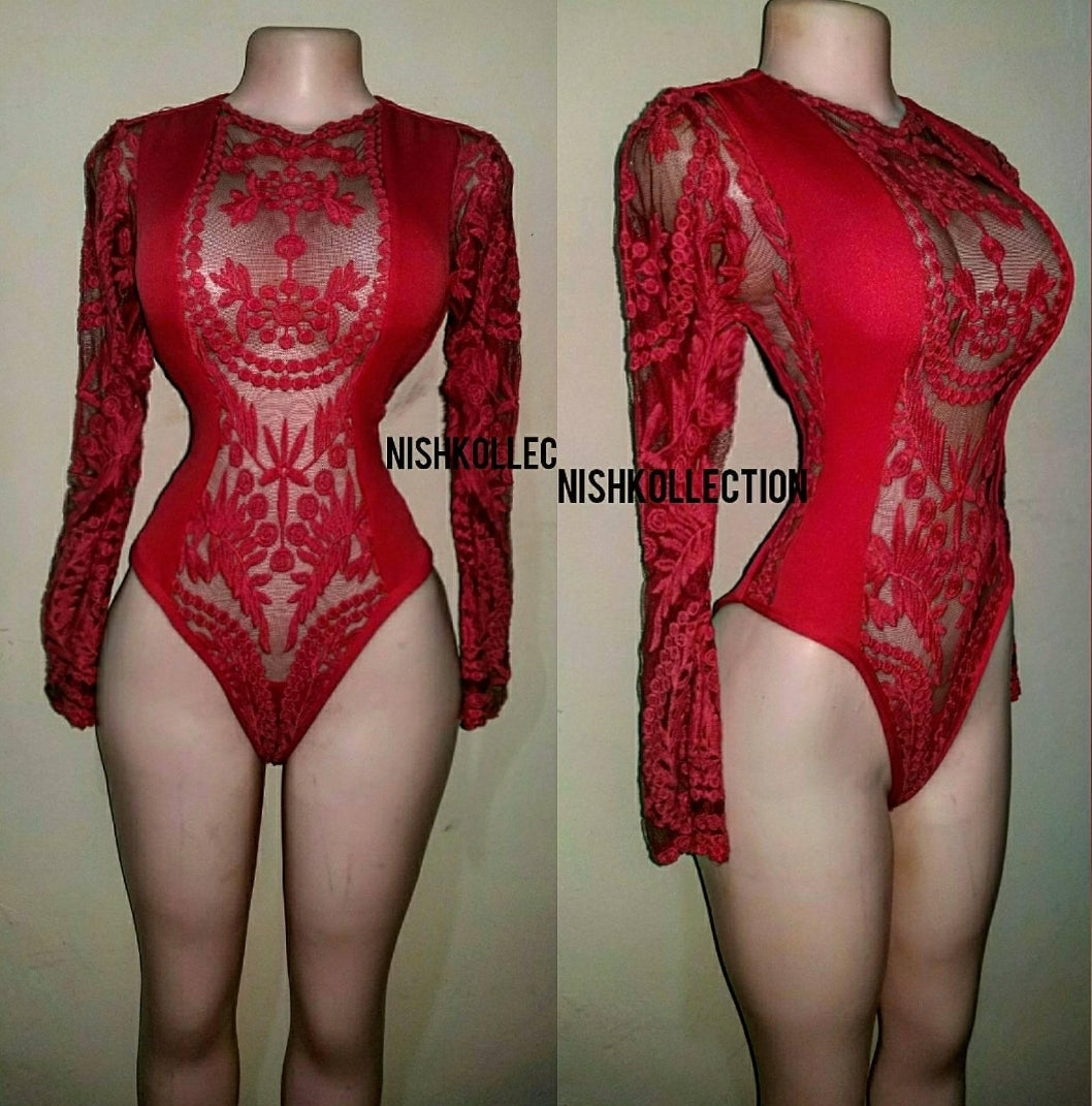 Delilah Embroidery Sheer Lace Long Sleeve Swimsuit