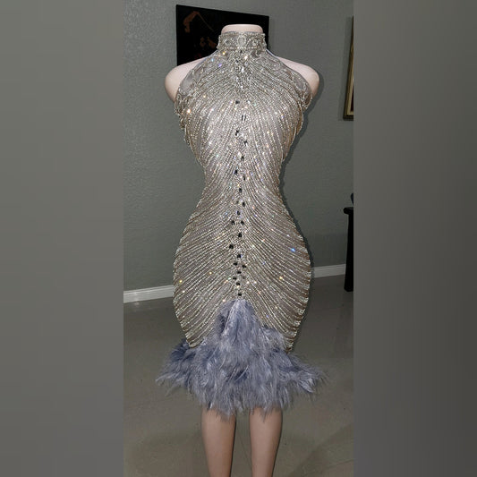 Diamond V Zena Rhinestone Feather Mini Dress